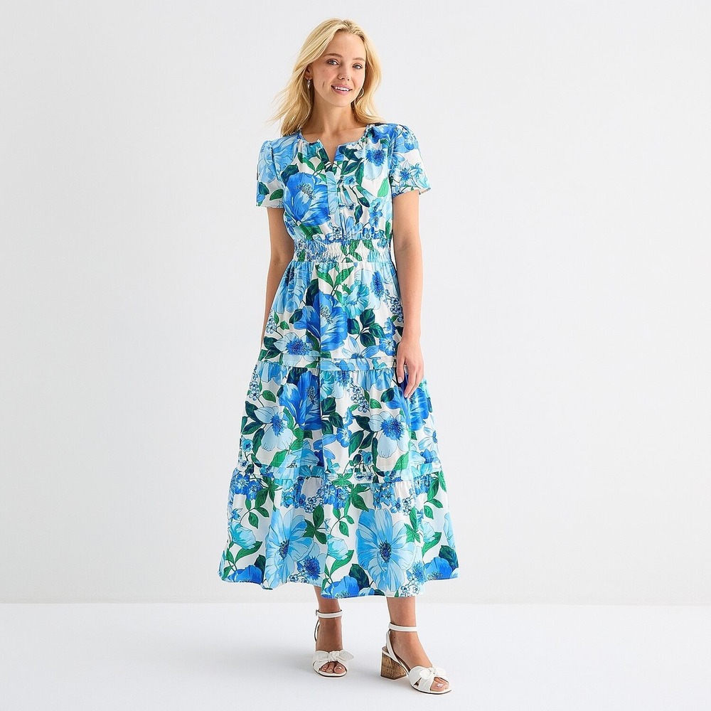MSRP $84 Be by CHETTA B Womens XL Blue Multi Floral Fitted Maxi Dress Split Crew